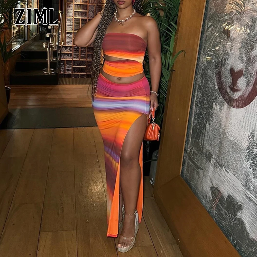 

ZIML Hit Color Gradient Two Piece Sets for Women Strapless Backless Tops High Waist Split Skirt Slimming Chic Set Female Fashion
