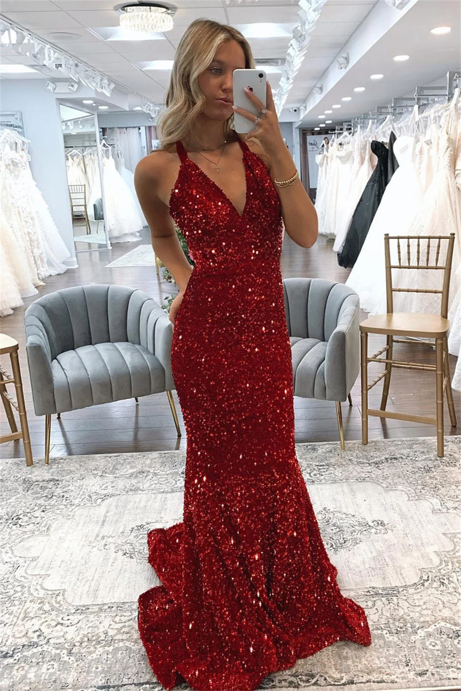 

Shiyiecy 2024 Women’s Spaghette Straps Backless V Neck Prom Dresses Sparkly Sequins Mermaid Long Ball Gowns Evening Party Dress