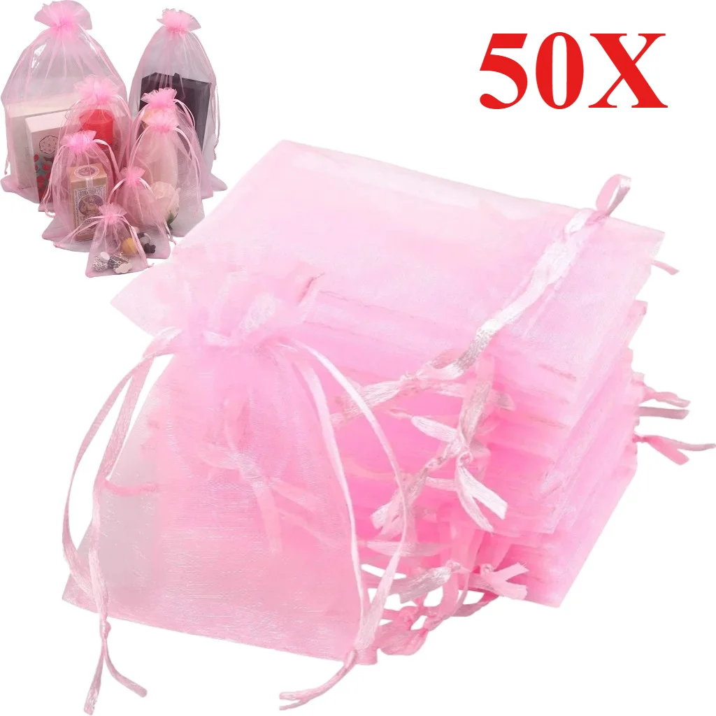Sacs en Organza à mailles aléatoires, 50 pièces, sacs à bijoux en Organza à cordon de serrage, petites pochettes à cordon pour cadeaux, bonbons de noël, mariage, anniversaire