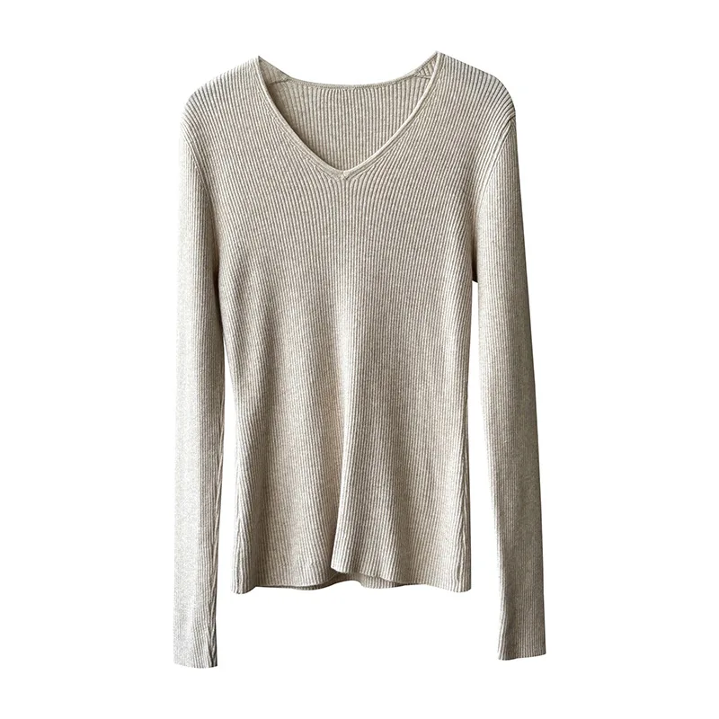 Simple Solid Color V-neck Pullover Base Shirt for Women's Autumn and Winter Casual Versatile Slimming Look Inner Knit Top