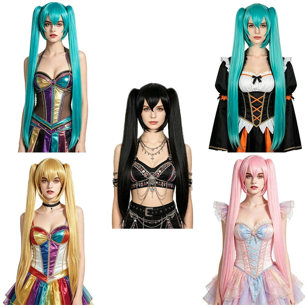 Miku Cosplay Wig Long Straight Twin Tail Wig With Detachable Claw Clip Ponytails Heat Resistant Synthetic Anime Hair For Women