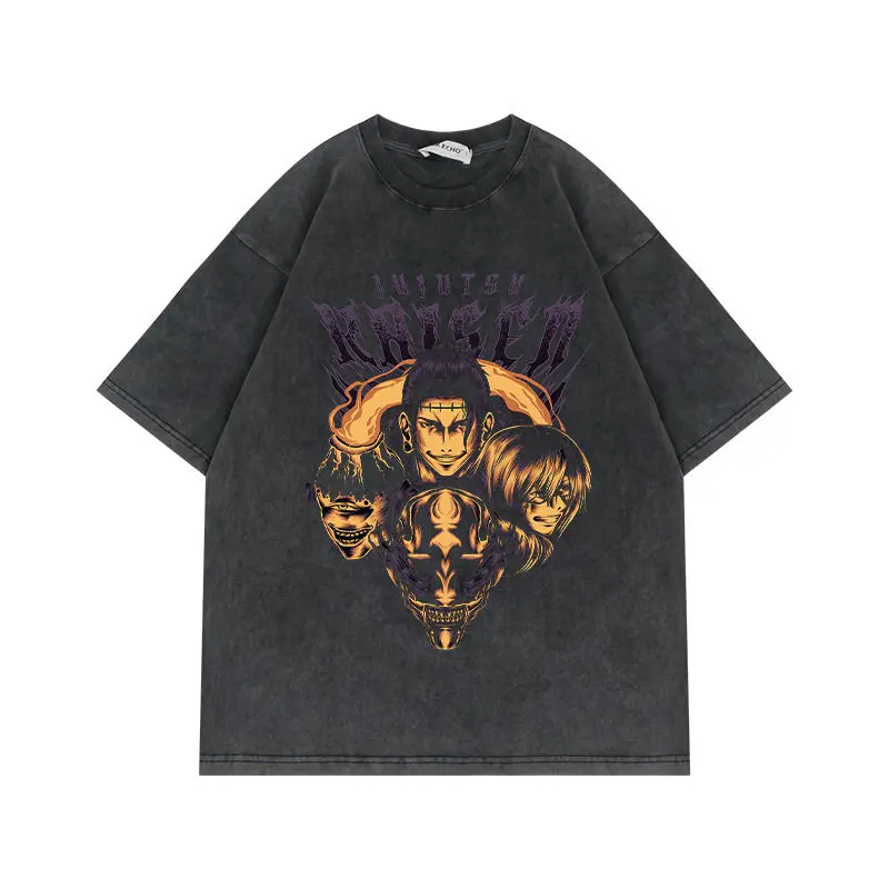 

Футболка Jujutsu Kaisen из хлопка, уличный стиль, черная, с эффектом потертости, оверсайз, с коротким рукавом, повседневная, Tokyo Jujutsu High Trio, готическое искусство