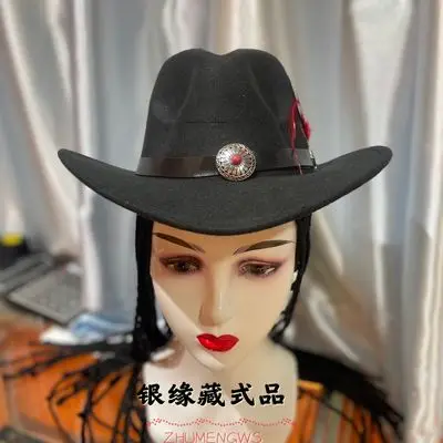 

Тибетский шерстяной цилиндр Xizang, черная мужская и женская ковбойская шляпа в стиле вестерн с большим краем