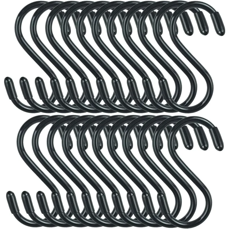 

30 Pack Vinyl Coated Heavy Duty S Hooks for Hanging Plants, Clothes, Non Slip Steel Metal Black Rubber Coated Closet S Hooks for