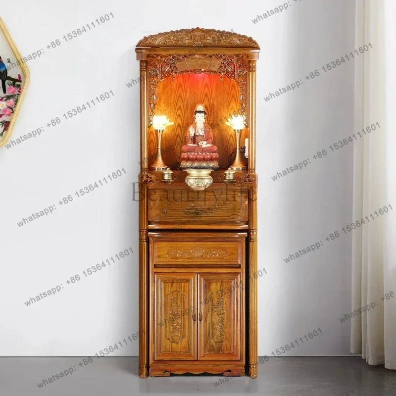 z.antique Chinese God of Wealth with door, vertical cabinet, ancestral niche, Buddhist niche, shrine table