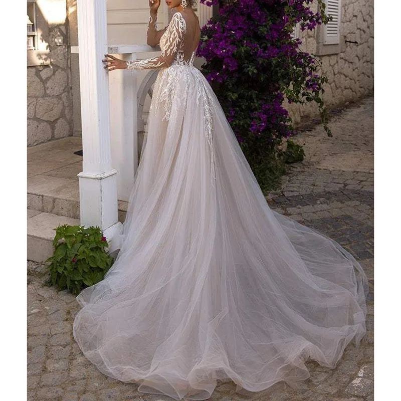 Splendidi abiti da sera in pizzo Appliques per donne eleganti abito a maniche lunghe con scollo a cuore staccabile Vestidos