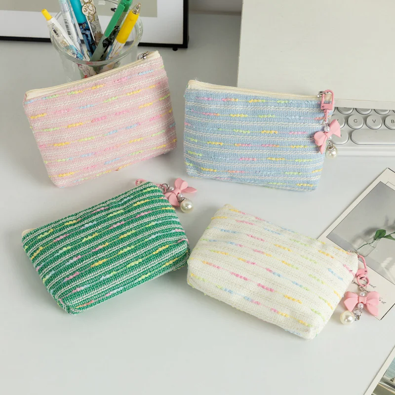 4Pcs/Set Cute Mini Makeup Bag Coquette Bow Pearl Coin Purse Tweed Cosmetic Pouch Portable Lipstick Earphone Storage Organizer