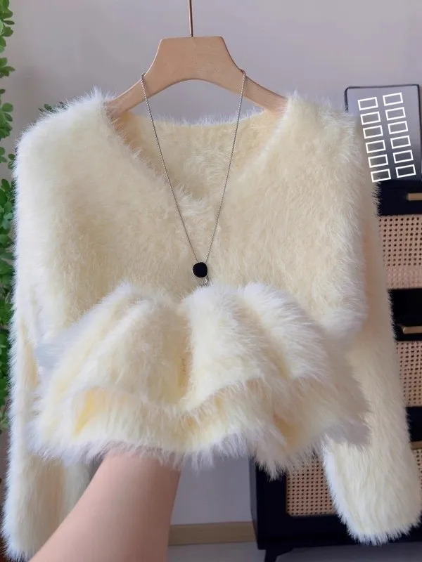 Soft Plu White Sweet Sle Women's Knitwear V-Ne Loose Slimming Autumn Winter New Arrival Top Comfortable Warmth