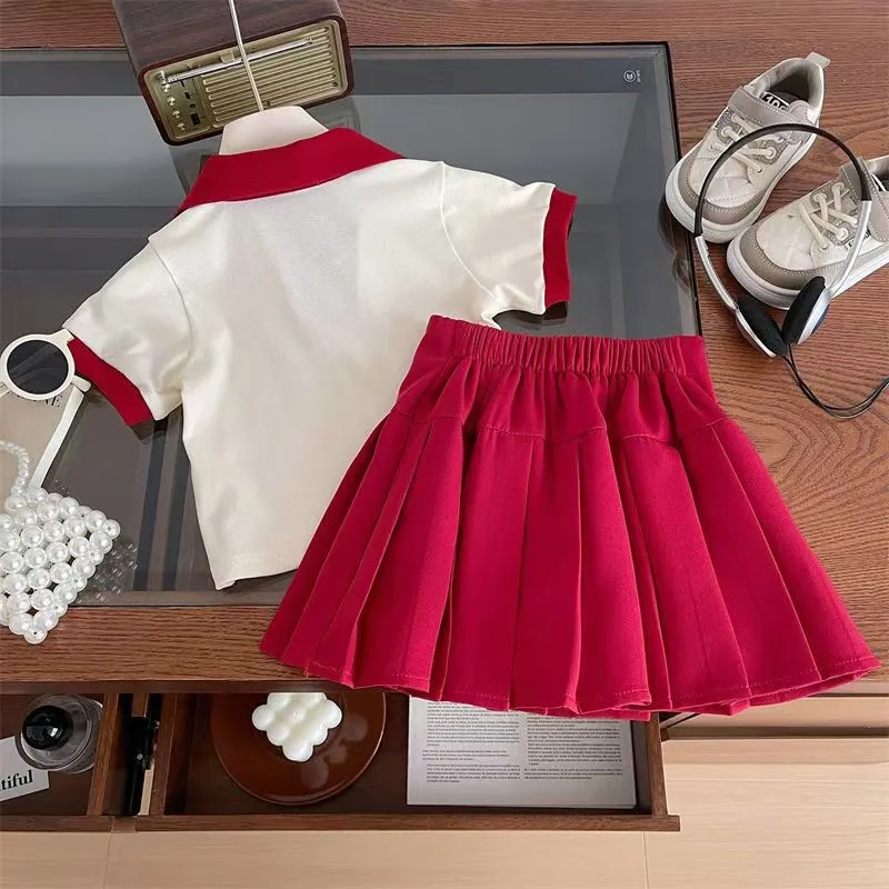 Girls' set new children's summer short sleeved T-shirt+pleated skirt two-piece set college