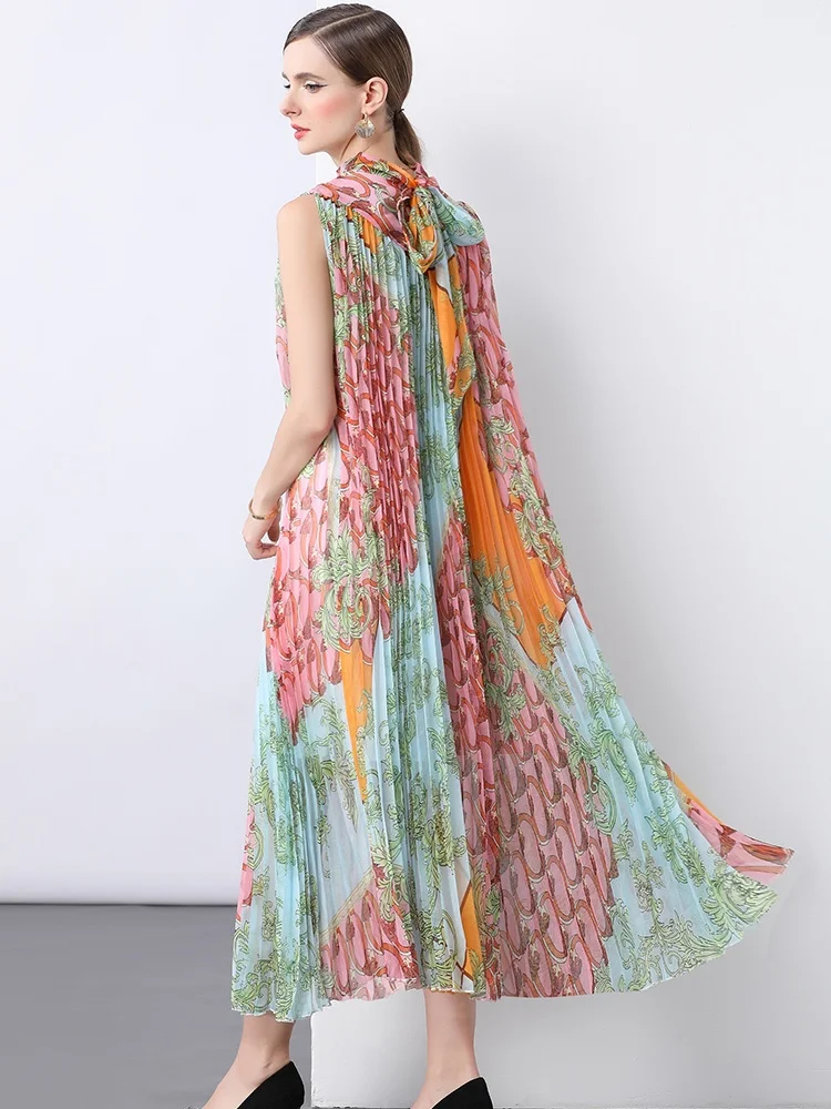 Vestidos de fiesta con estampado de cuello levantado para mujer, vestido largo plisado para fiesta de boda, vestidos de noche de Gala sin mangas de lujo con cinturón