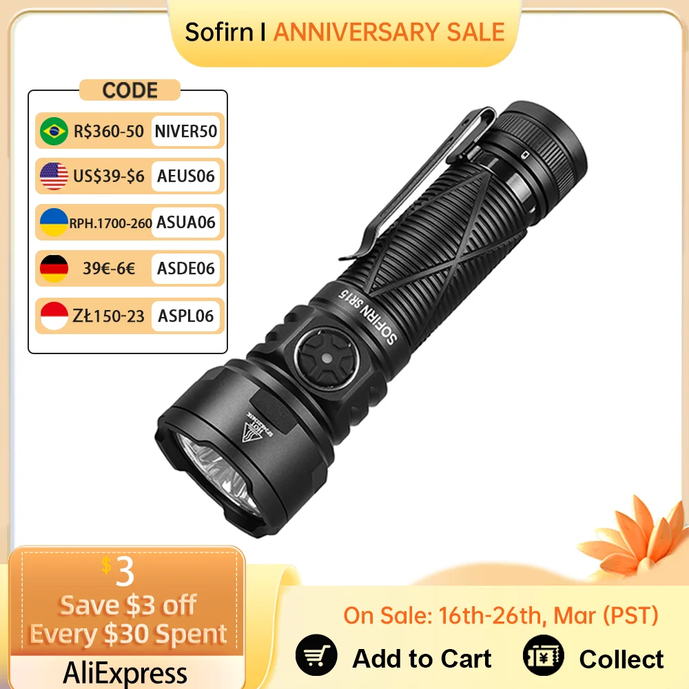 Sofirn SR15 4500lm Powerful Flashlight SFT25R LED Light 21700 USB C Rechargeable 5V/3A Charge and Discharge Torch