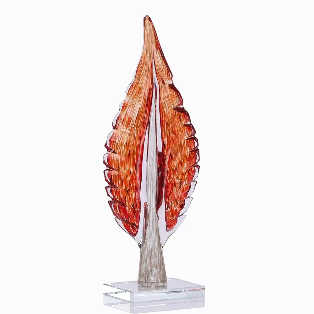 

Hand Blown Glass Art Statue - Red Glass Abstract Leaf Statue For Office Desk, Living Room, Coffee Table, Tv Cabinet, Entryway,
