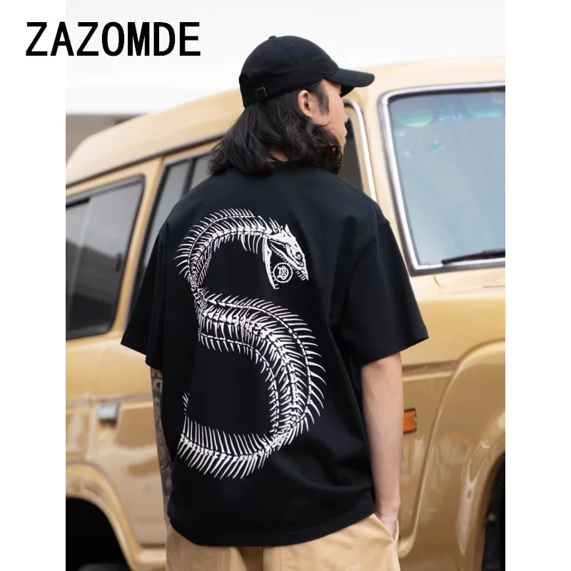 Модные мужские футболки ZAZOMDE с принтом рыбьих костей, летняя футболка Харадзюку 2024 с коротким рукавом, Мужская Уличная одежда в стиле хип-хоп Y2k, топы