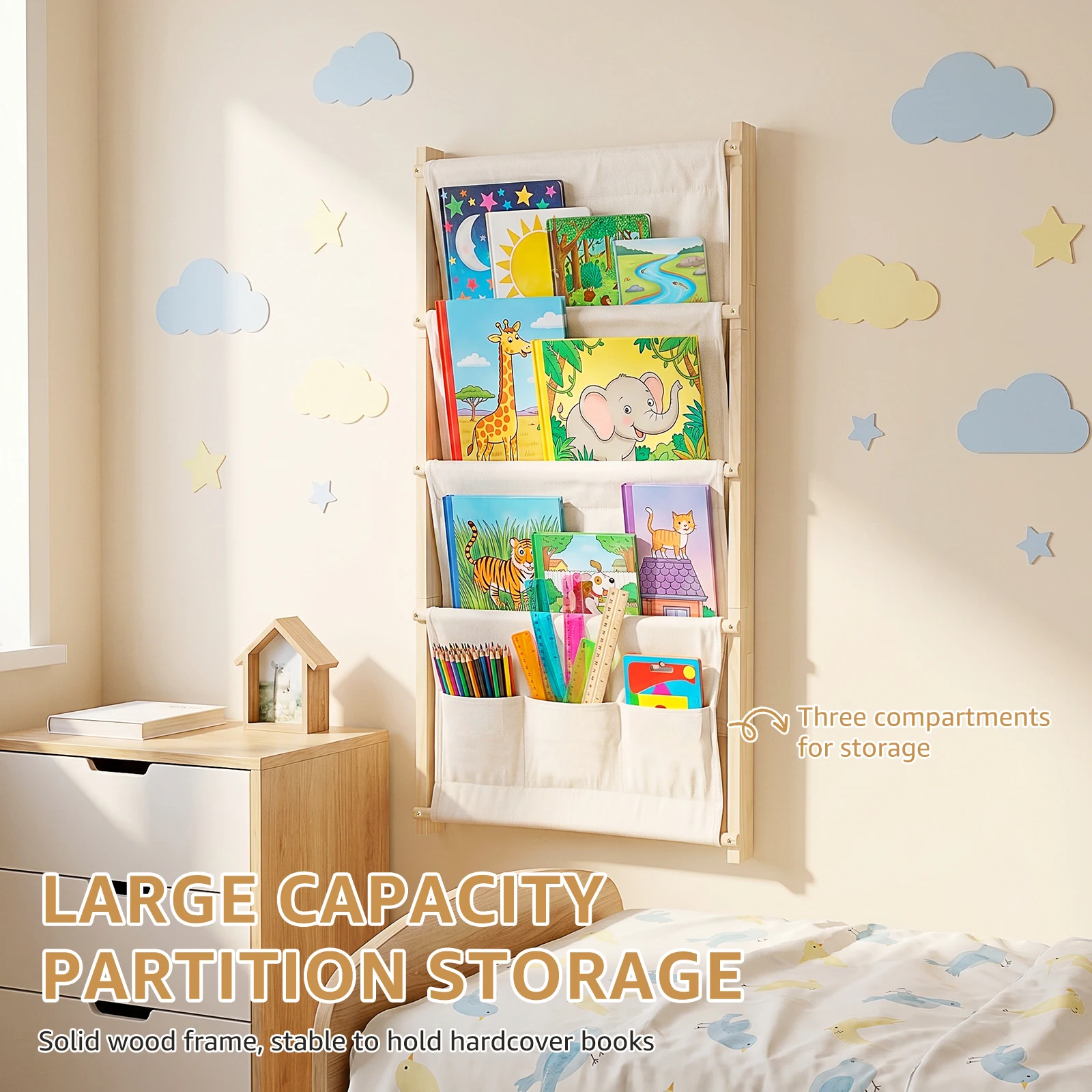4 Tier Wall Mounted Kid Bookshelf Wooden Hanging Storage Rack Large Capacity Bookcase Organizer for Books Magazines Home Decor