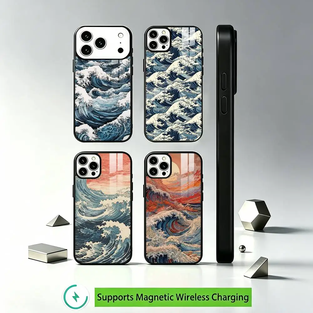 Japanese Ukiyo-e Wave Art Phone Case For iPhone17,16,15,14,13,12 Plus,Pro Supports Magnetic Wireless Charging