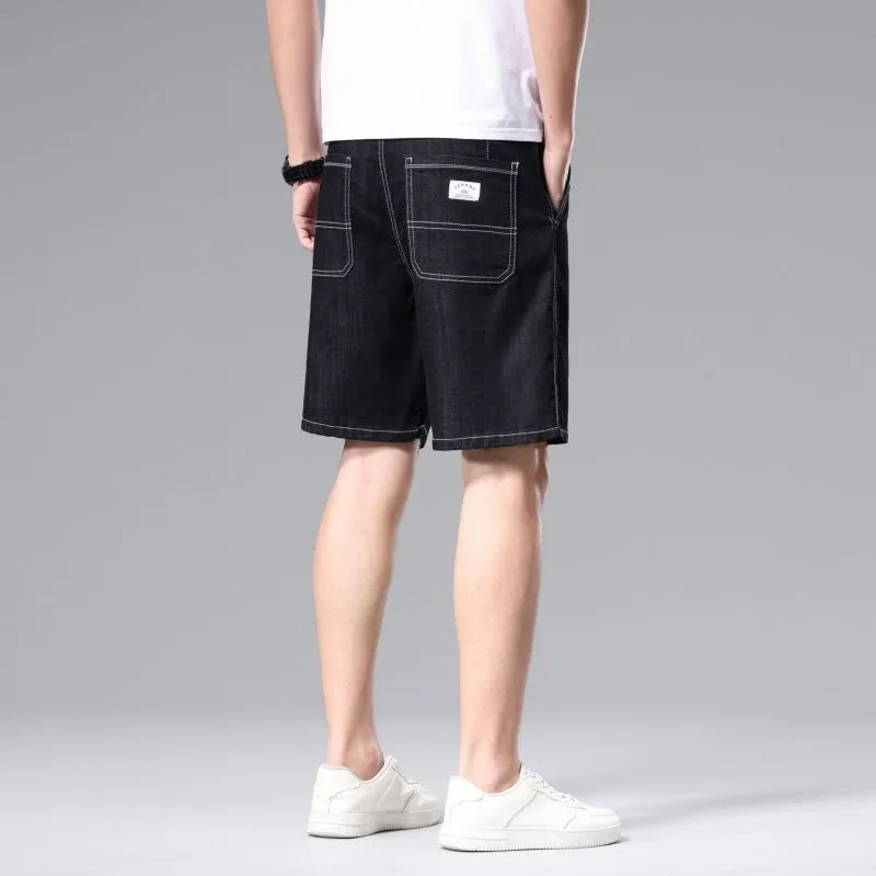 

Men's Summer Loose Fit Thin Denim orts Casual Straight Leg Five-Button Elastic Pants Trendy Brand Spor Sle Mid-Waist