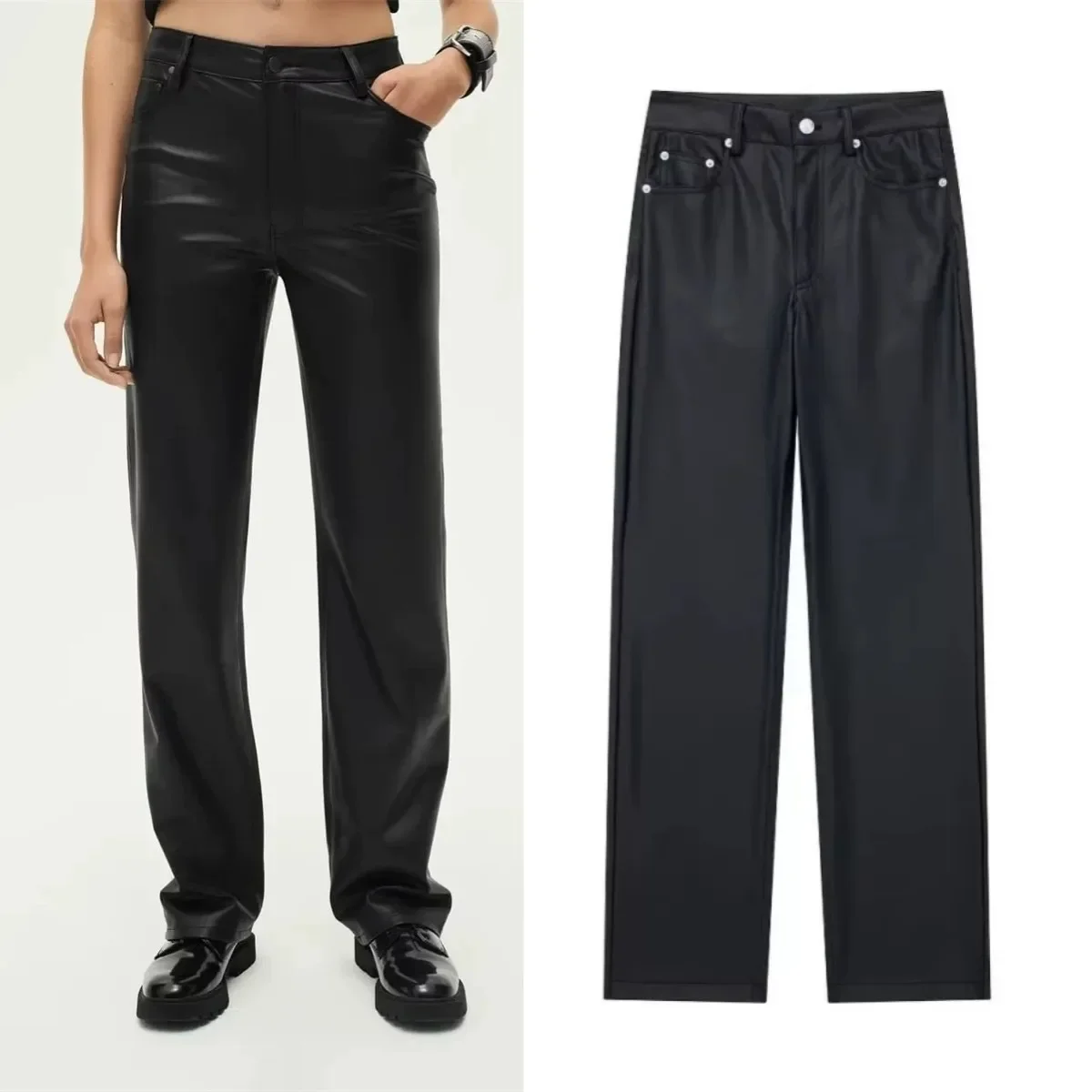 LIBIELIY Neue Damen-Hose der ZW-Serie, klassisch, fünf Taschen, Kunstleder, schlichtes Temperament, gerades Bein