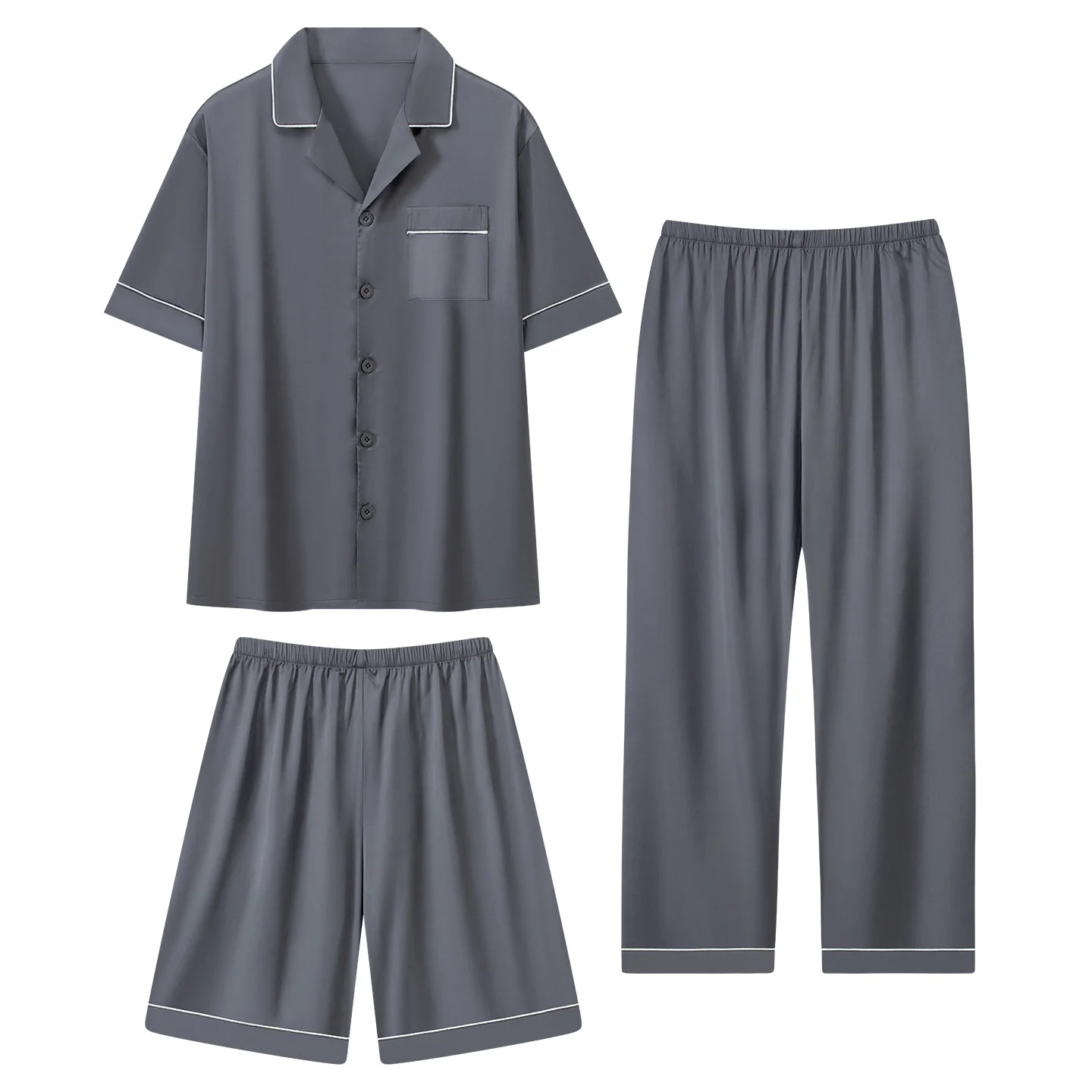 Long Pants+Short Sleeve Tops+Shorts 3Pcs/set Men Pajamas Set Silk Imitation Satin Nightwear Summer Pyjamas Male Luxury Sleepwear