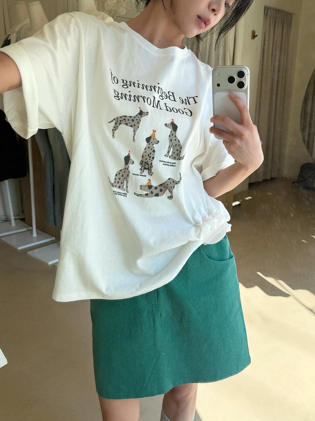 Sakura Morning Spot Dog Korean Style Short Sleeve T-Shirt Loose Pure Cotton Printed Casual round Neck Top for Women