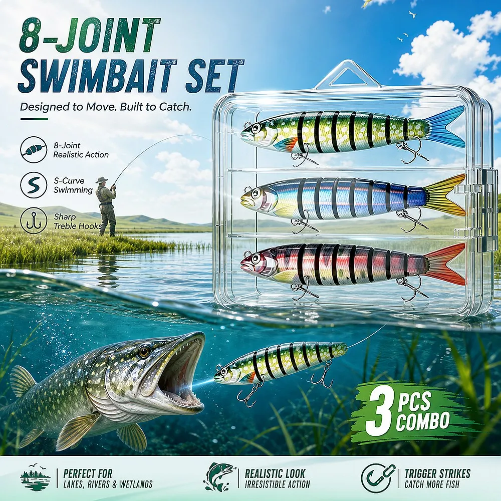 3 Pcs 8 Joint Swimbaits Full Sinking Hard Fishing Lures S Curve Action Treble Hooks Storage Box for Bass Trout Pesca