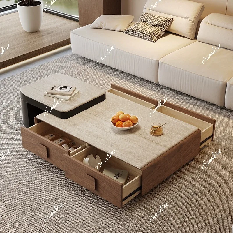 French solid wood living room household small apartment high-end rectangular rock slab cave stone coffee table
