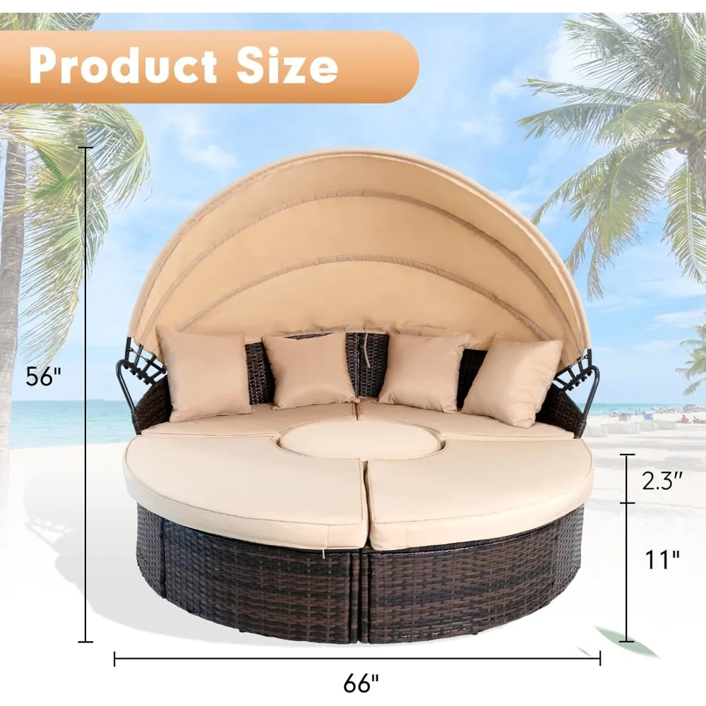 Outdoor Sofa, Terrace Circular Sunbathing Sofa with Retractable Roof, Brown Clamshell Style with Cushion, Terrace Sofa Bed