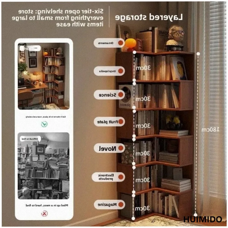 Corner bookcase floor-to-ceiling shelf integrated against the wall Bedroom bedside corner narrow bookshelf Corner storage