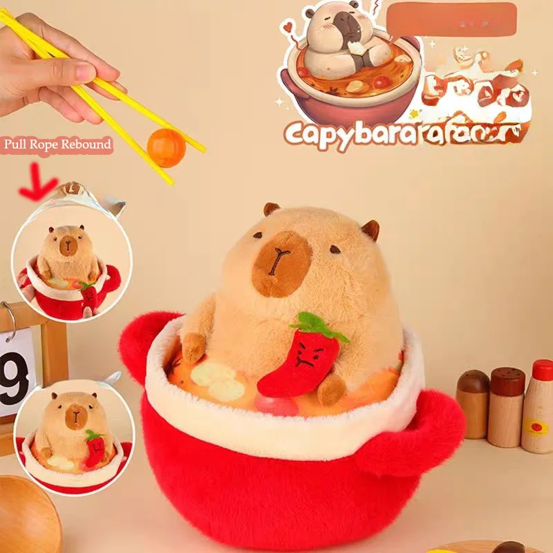 Capybara Plush Toy Pull Rope Rebound Soft Stuffed Animal Cute Kawaii Fluffy Doll Interactive Stress Relief Decor Gift for Kids