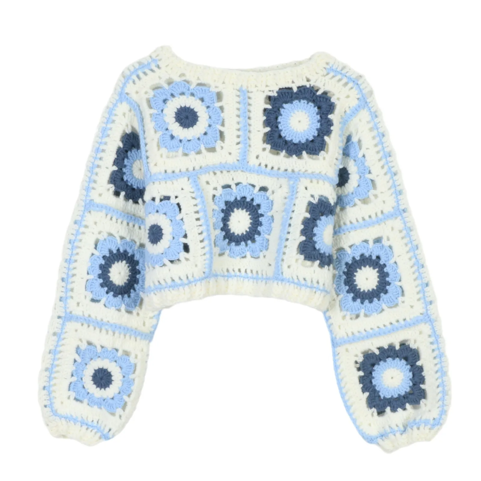 

2025 Holiday Boho Three-Dimensional Flower Women's Sweater Hand-Crochet Knit Loose Autumn Short Long Sleeve Knitted Sweater Top