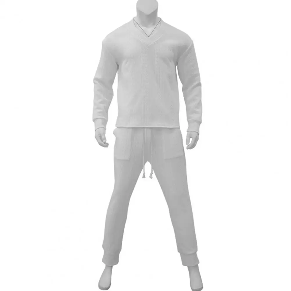 Men Sportswear Men's V-neck Sportswear Set with Long Sleeve Top Elastic Waist Sweatpants 2pcs Leisurewear Suit for Active Men