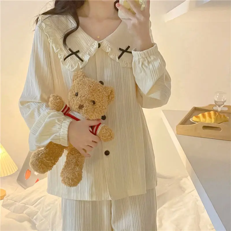 Sweet Long Sleeve Pajama Sets Women Loose Casual Stylish Chic Homewear Single Breasted Ins Popular Cute Bow Princess Nightwear