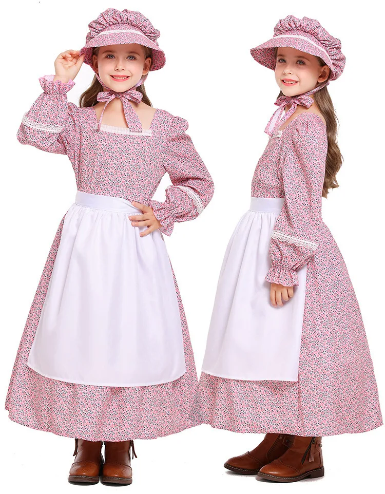 

Детское розово-голубое платье в цветочек в колониальном стиле, костюм пионера, длинное платье в пасторальном стиле для исторических сценических выступлений