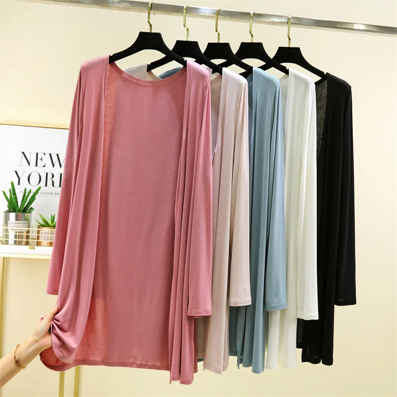 Letni kardigan damski z modalu, długi, rozpinany, cienki, chroniący przed słońcem, odzież wierzchnia, jednolity kolor, idealny na klimatyzację.