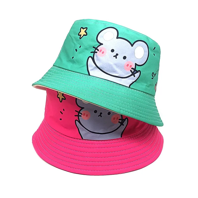 2024 Four Seasons Polyester Cartoon Mouse Print Bucket Hat Outdoor Travel Sun Cap For Child Boy and Girl 90