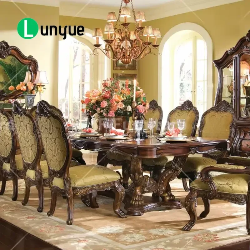 American Luxury Solid Wood Round Dining Table Set Antique Classical Carved Royal Style Dining Room Furniture for Home Decor