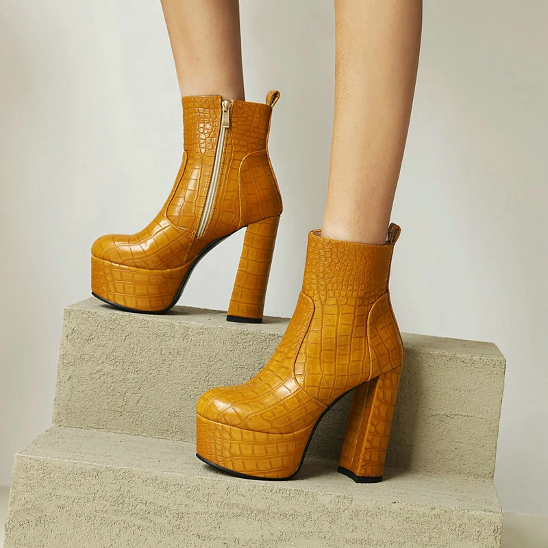 2025 New Women Ankle Boots Platform Square High Heel Ladies Short Boots PU Leather Round Toe Zipper Dress Fashion Women Shoes