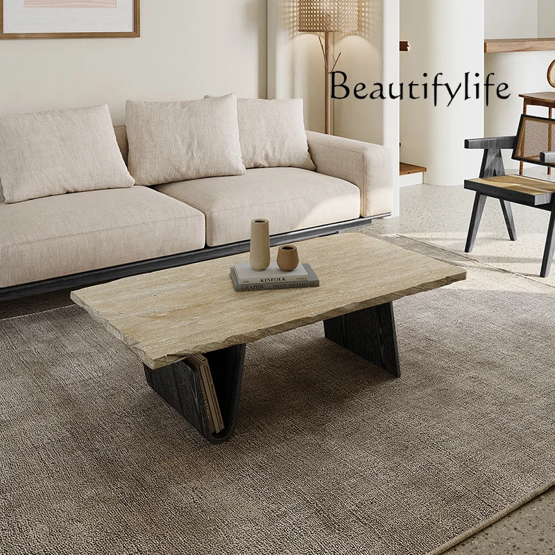 Minimalist solid wood travertine coffee table small apartment living room household rectangular luxury stone medieval retro