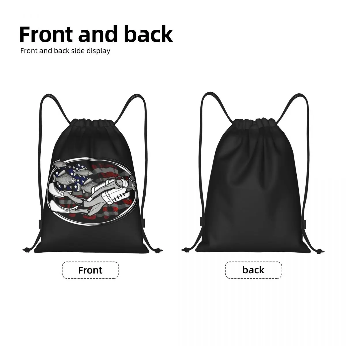 Custom Scuba Diving With Fish US Flag Drawstring Backpack Women Men Sport Gym Sackpack Portable Training Bag Sack