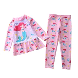 Girl Two Pieces Suit Plus Size Children Long Sleeve UV Protect Swimsuit 3-11 Year Kid Cute Cartoon Swimwear Surfing Suit