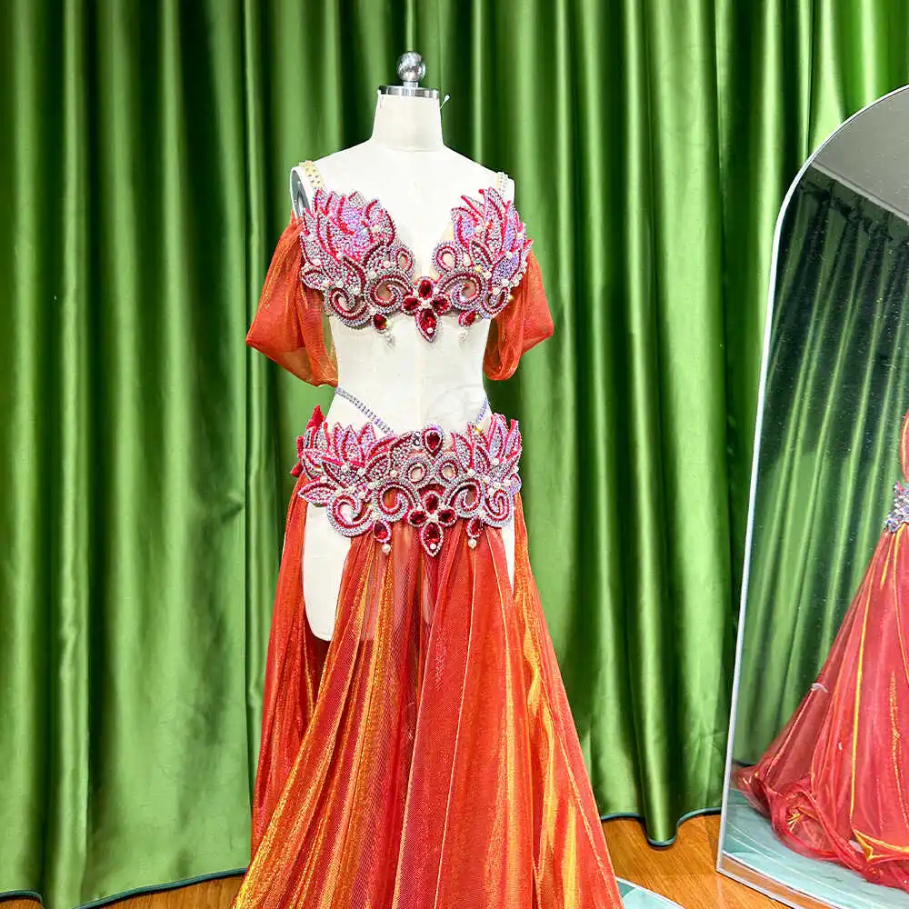 BellyDance Suit Embroidery Diamond Bra Split Fishtail Skirt Performance Set Custom Adult Child Competition Clothing Accessories