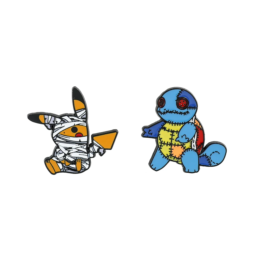 2 Pcs Horror Squirtle Cartoon Brooch Creative Bandage Pikachu Enamel Pin Metal Badge Clothing Backpack  Accessories