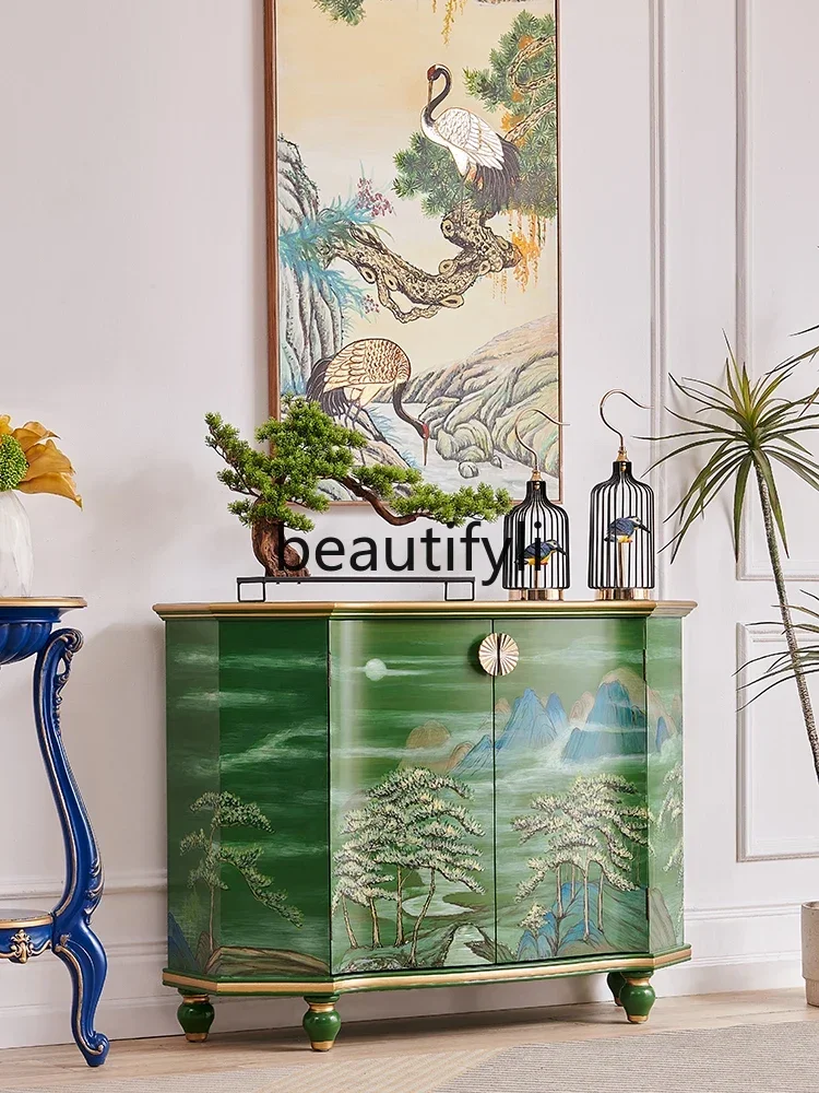 

ss C2024 new French retro door green painted landscape entrance decoration new Chinese living room dining side cabinet