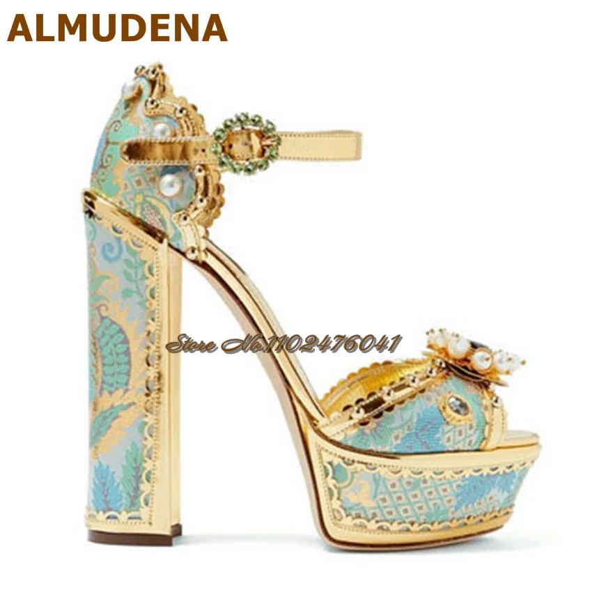 

Gullick Embroidery Beaded Chunky Heel Platform Sandals Retro Style Blue Gold Floral Bling Bling Gem Crystal Wedding Shoes Pumps