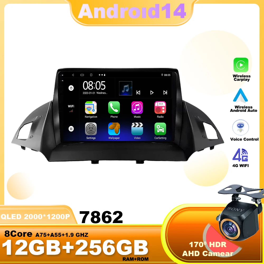 Car Radio For Ford C-MAX Kuga 2 Escape 3 2012 - 2019 Carplay Autoradio Android 14 Auto 4G WIFI GPS Car Multimedia Touch Screen