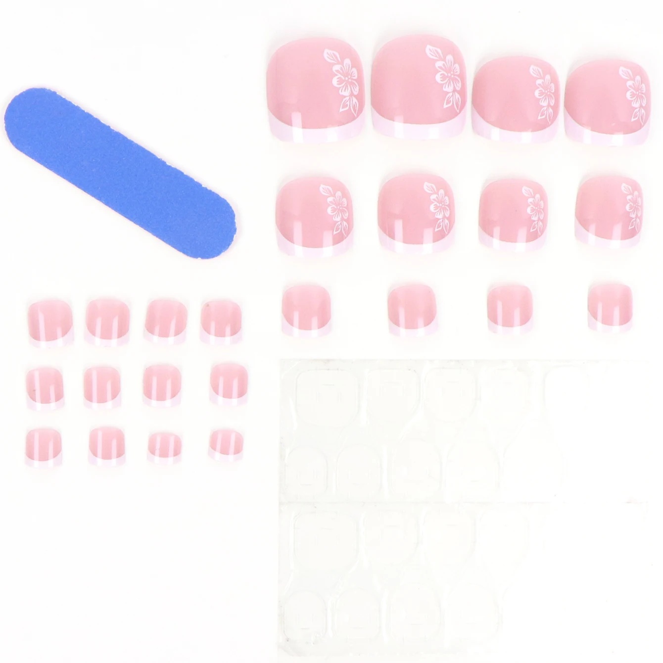 24 Uds. De uñas cortas cuadradas de color rosa con flor blanca, uñas postizas a presión en los dedos del pie, uñas francesas falsas con borde blanco