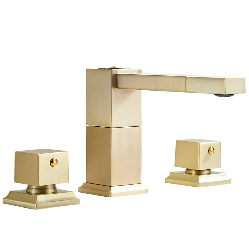 

Hot Sell Brushed Gold 3 Holes Bathroom Tap Rotate Spout Spray Square Wash Basin Faucet