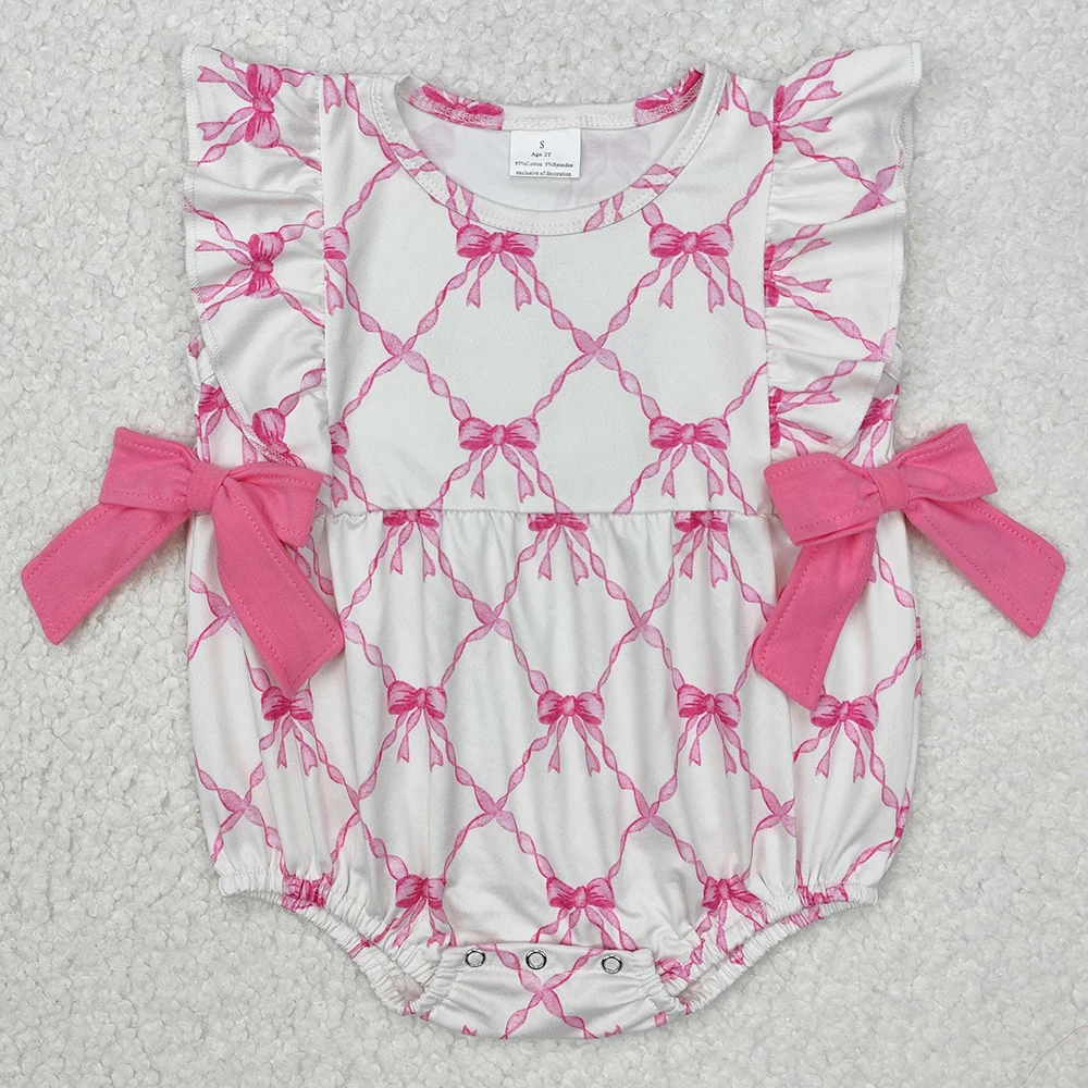 New Fashion Baby Infant Girls Rompers Bow Pink Flutter Sleeve Rompers Boutique Toddler Girls Bubble Rompers Onesie Wholesale Hot