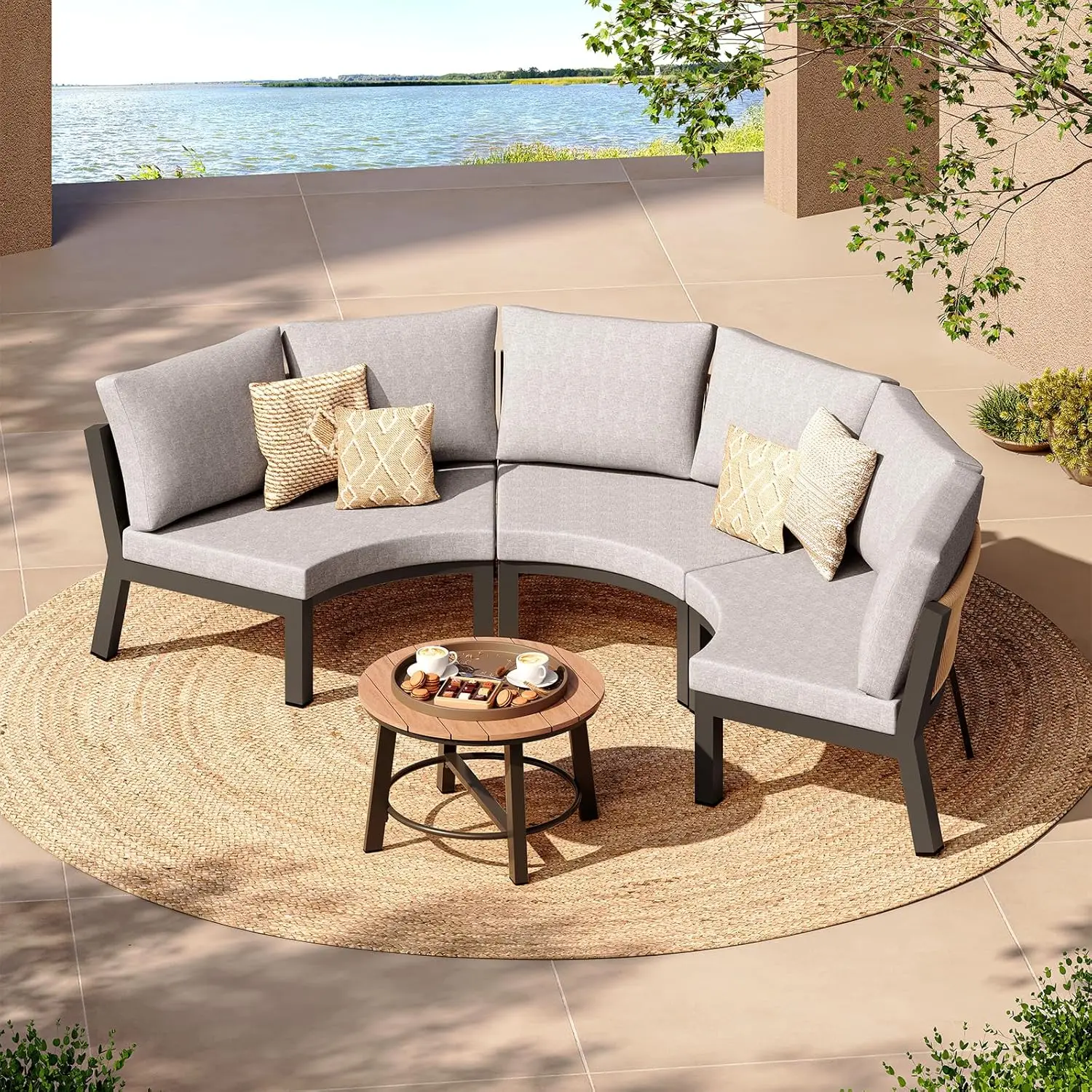 

Комплект уличной мебели для патио, 4-местный, изогнутый диван-полумесяц из алюминия с плетением из полиэтиленового каната, на заказ