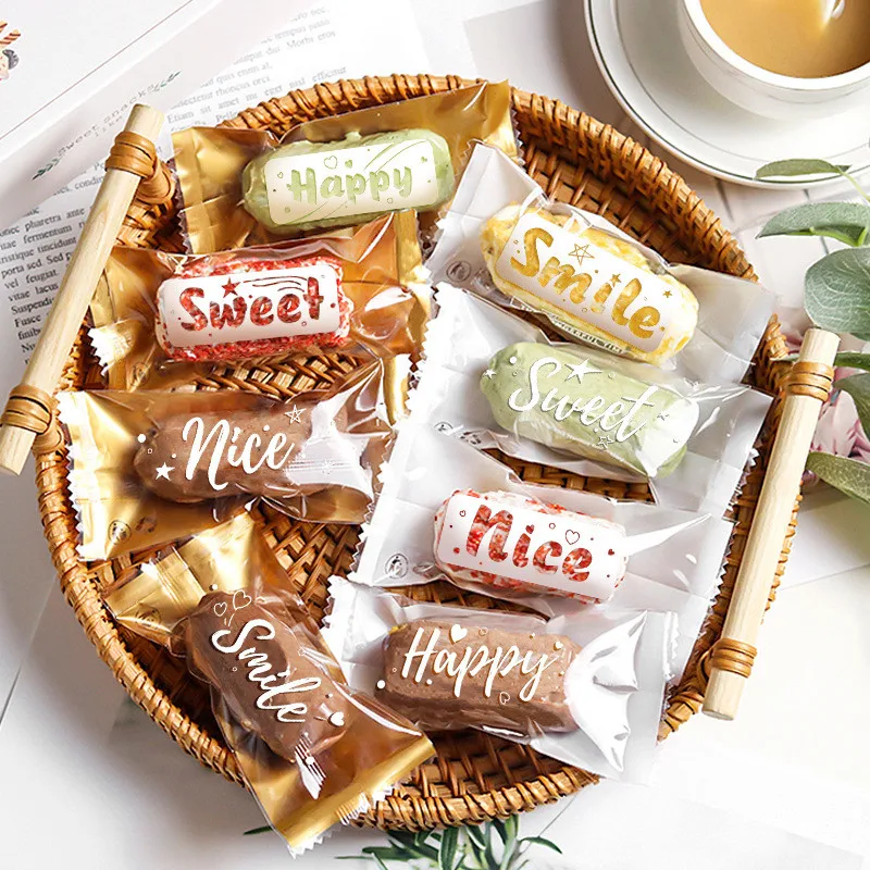 100Pcs 5x11cm Transparent Letter Printed Biscuit DIY Cookie Toffee Nougat Crisp Baking Machine Sealing Bags