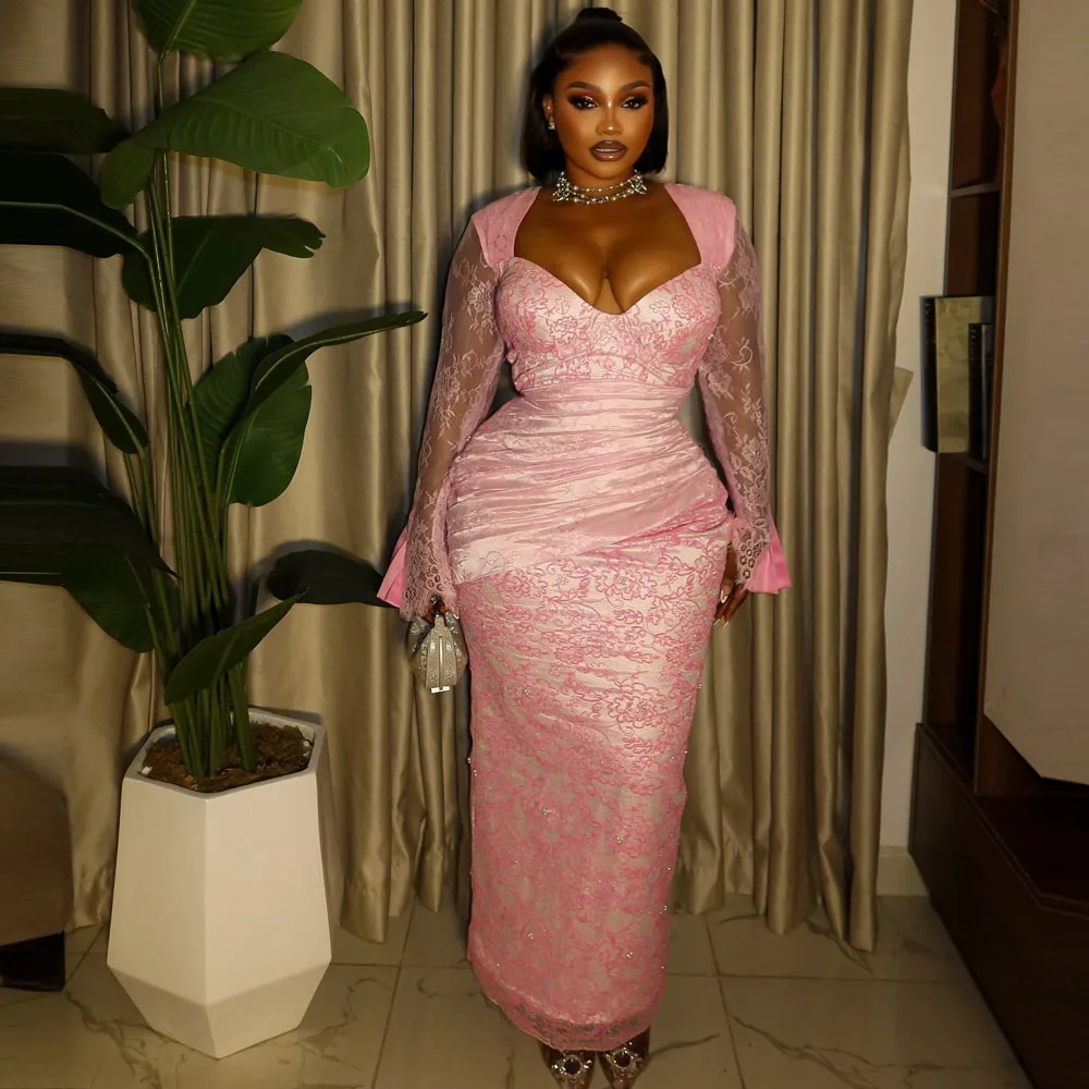 

Розовые кружевные вечерние платья русалки Милая иллюзия с длинными рукавами платья de fiesta Aso Ebi платье для выпускного вечера больших размеров